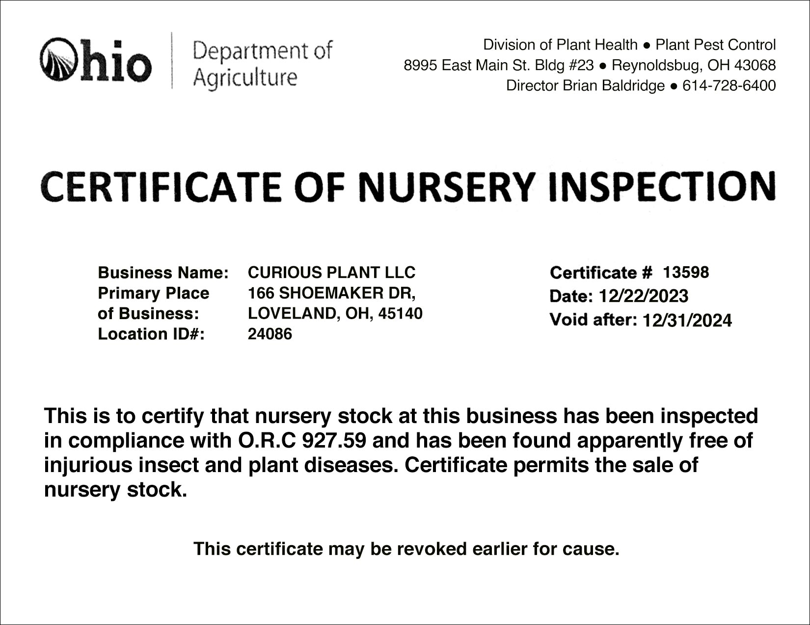 Curious Plant Nursery Inspection Certificate 2024