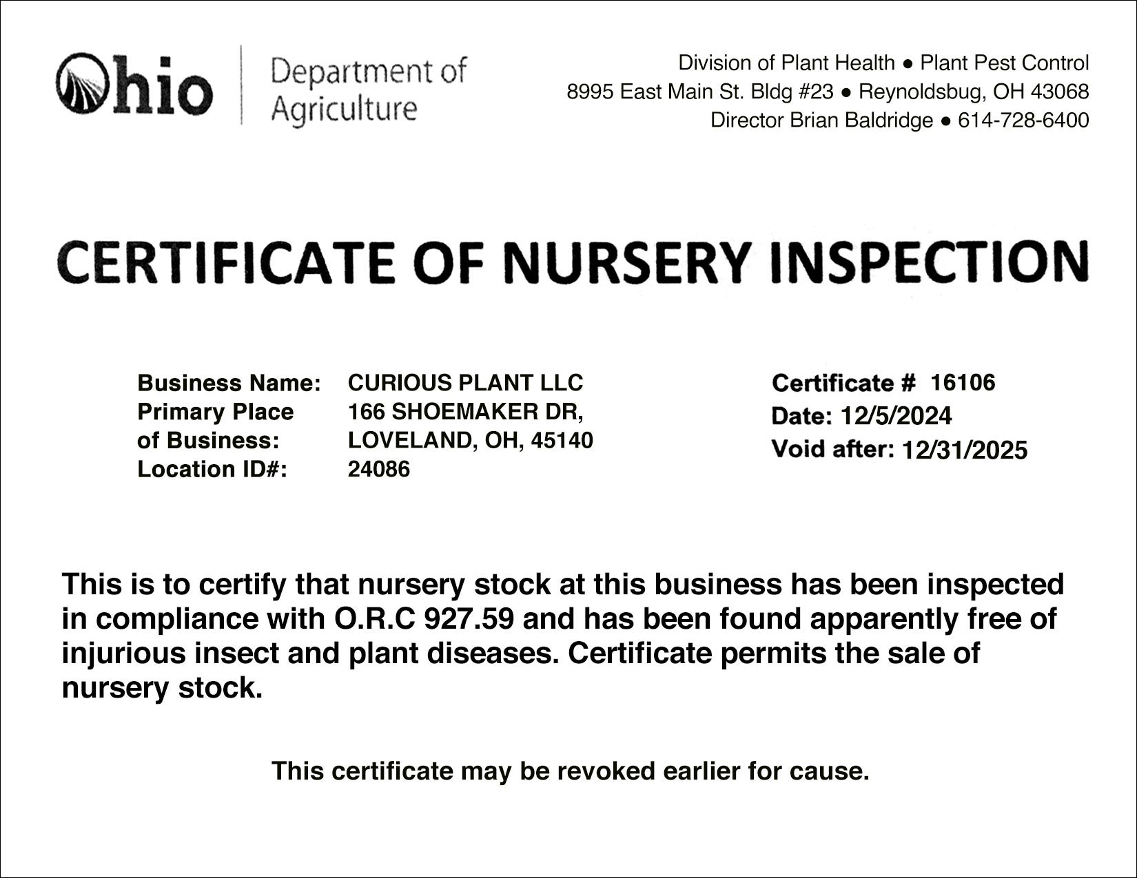Curious Plant Nursery Inspection Certificate 2025