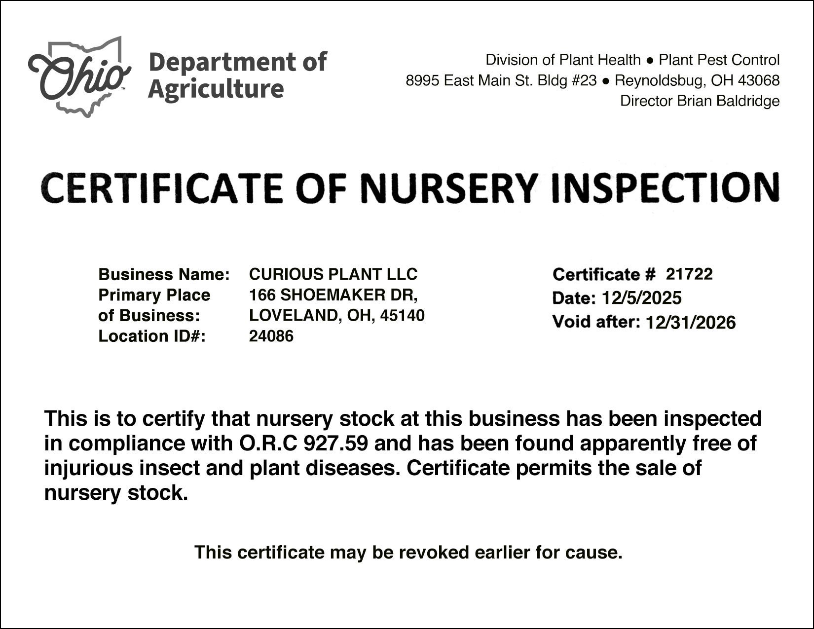 Curious Plant Nursery Inspection Certificate 2026